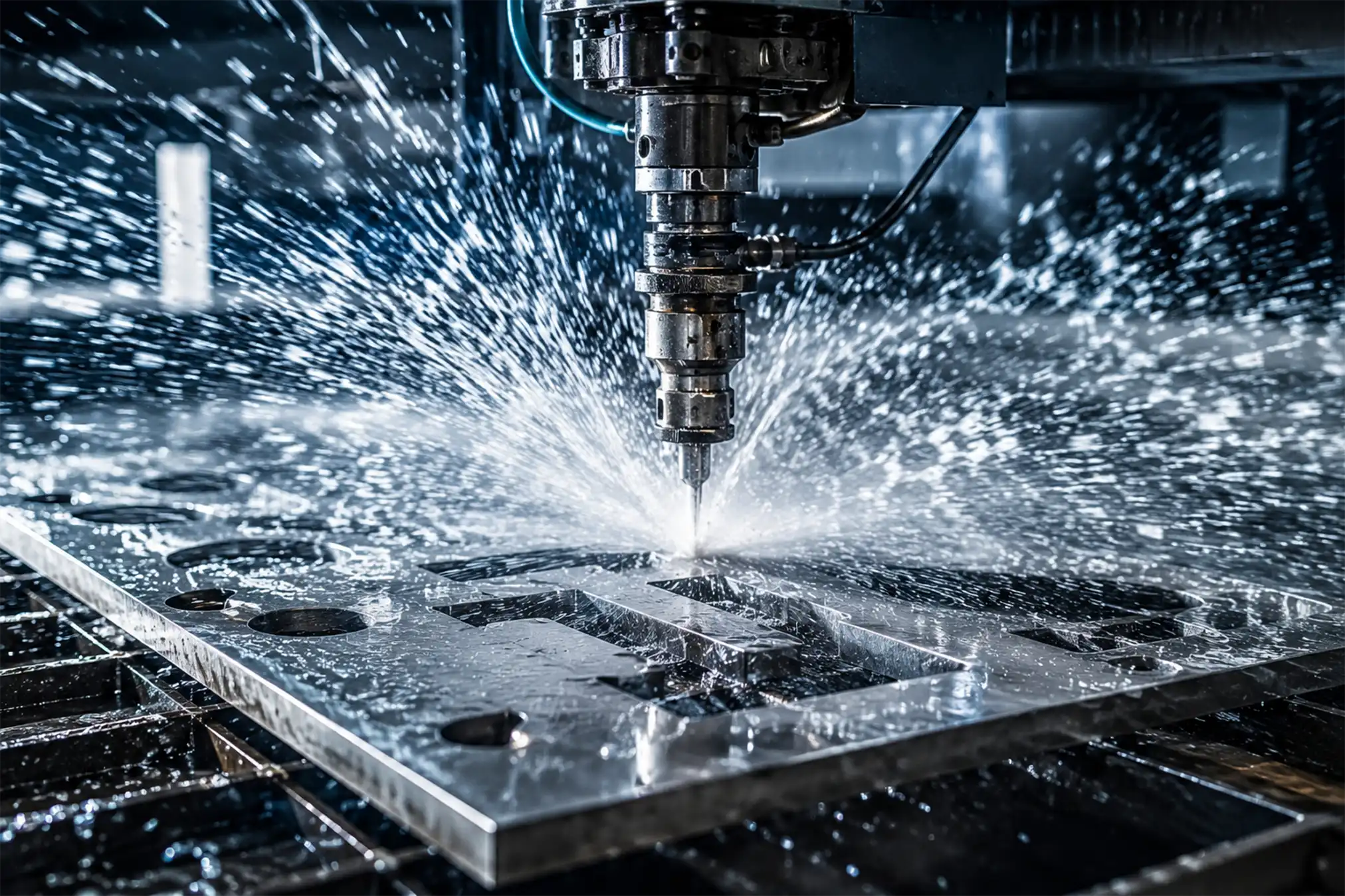 CNC-Wasserstrahlschneidemaschine bearbeitet präzise Metallteile in der TW-Tec Produktion